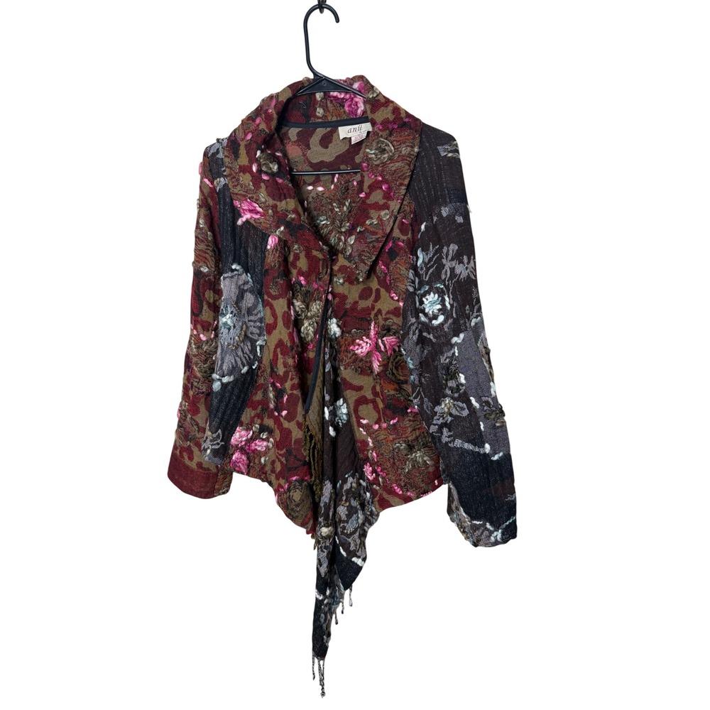 Anii by Natural Womens Wool Tapestry Jacket Floral Asymmetrical Fringe Brown M